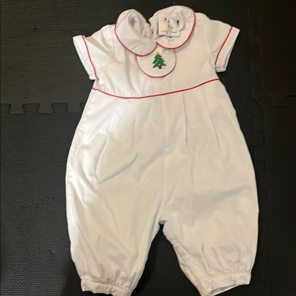 White Baby Romper with Red Trim and Tree Embroidery